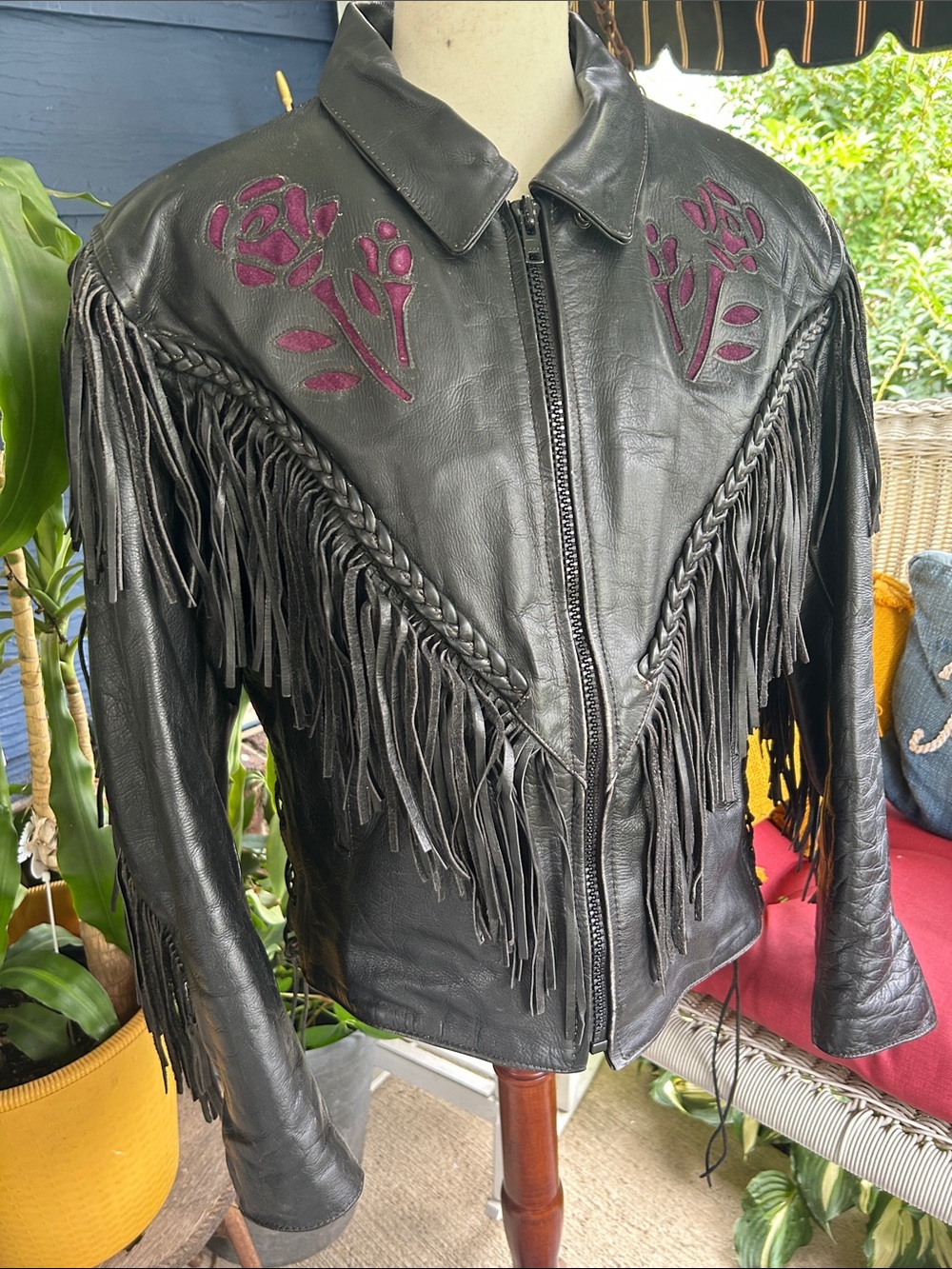 Vintage Black Leather Motorcycle Jacket with Purple Rose Insets